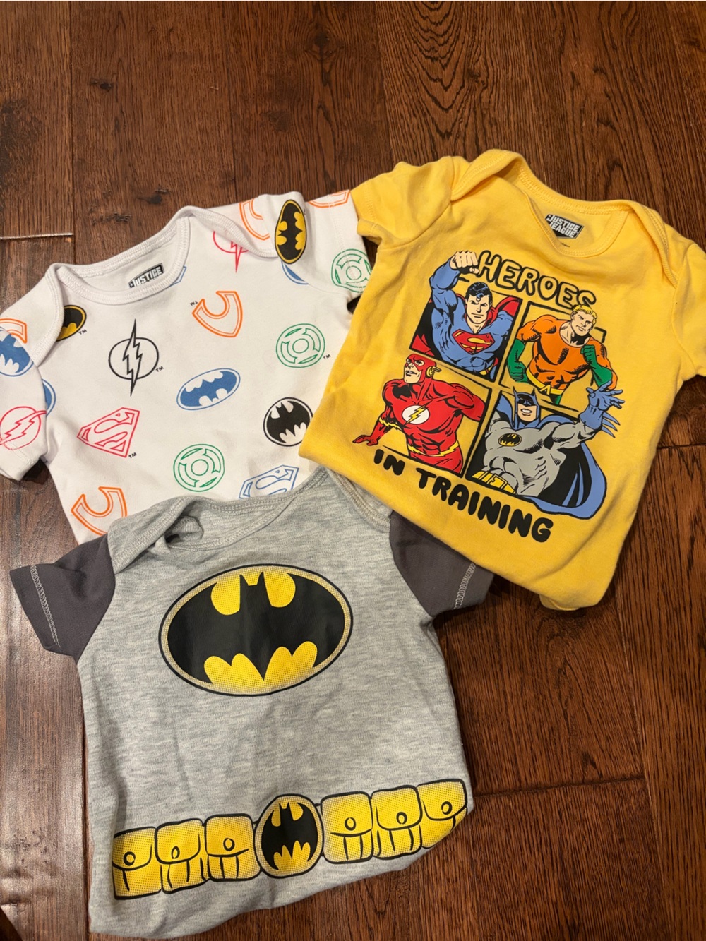 DC Comics Baby Superhero Bodysuit Trio - Yellow, Gray, White
